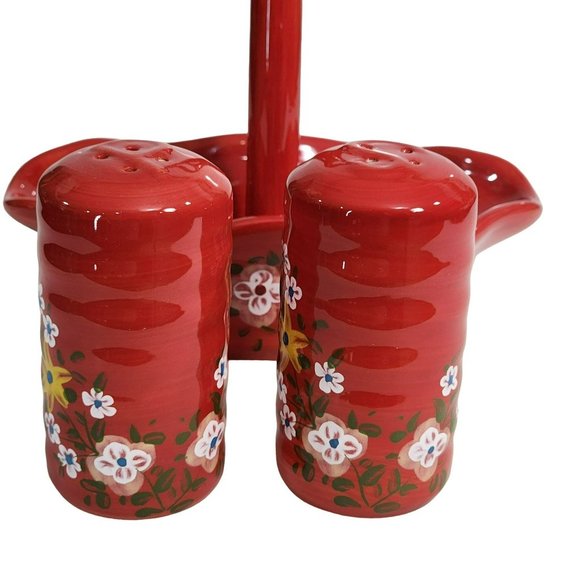 Handcrafted Ceramic Red Salt And Pepper Shakers With Caddy - Picture 14 of 16